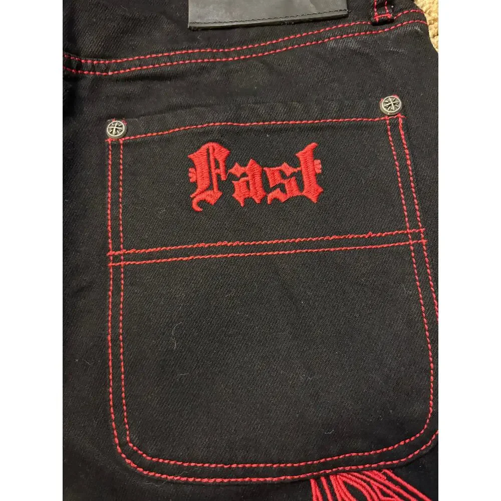 NWT Y2K Affliction Wide Leg Wings Black Red Baggy Jeans Mens Size 31 MSRP $128 - Picture 13 of 15